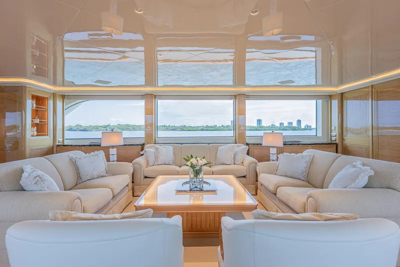 Slide: The Image of Luxurious interior of 2017 Sanlorenzo SD112 yacht with elegant seating and panoramic windows. - 7