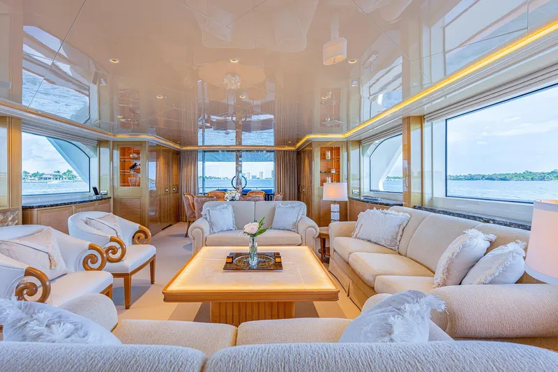 Slide: The Image of Luxurious interior of 2017 Sanlorenzo SD112 yacht with elegant seating and panoramic windows. - 9