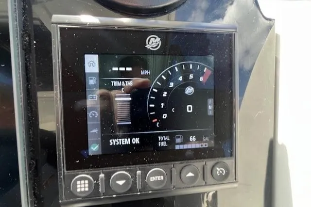 Slide: The Image of Dashboard display of a 2023 Beneteau Antares 8 boat showing speed and fuel levels. - 21