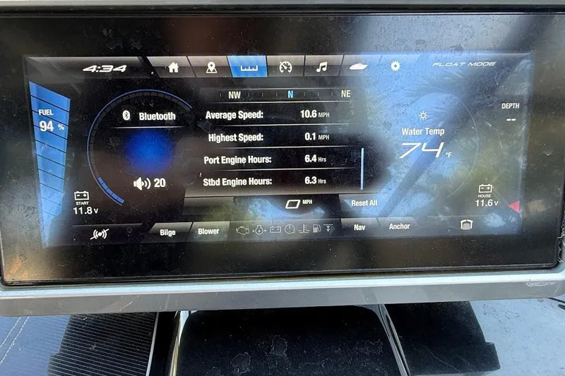 Slide: The Image of Dashboard display of 2024 Yamaha Boats 252SE showing speed, engine hours, and water temperature. - 15