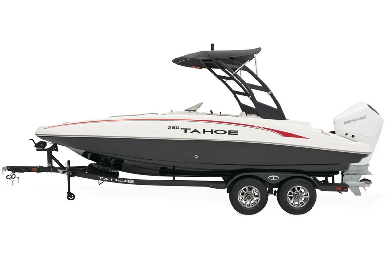 Slide: The Image of 2026 Tahoe 2150 boat with canopy on trailer in sunny outdoor setting. - 11