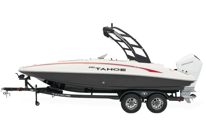 Slide: The Image of 2026 Tahoe 2150 boat interior with tan and black seating, featuring a compact layout. - 12