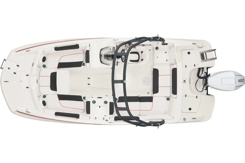 Slide: The Image of 2026 Tahoe 2150 boat interior with tan and black seating, cup holders, and storage compartment. - 16