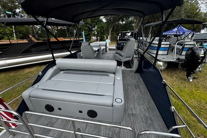 Slide: The Image of 2026 Bentley Pontoons Legacy 243 Swingback with sleek seating and modern design. - 4