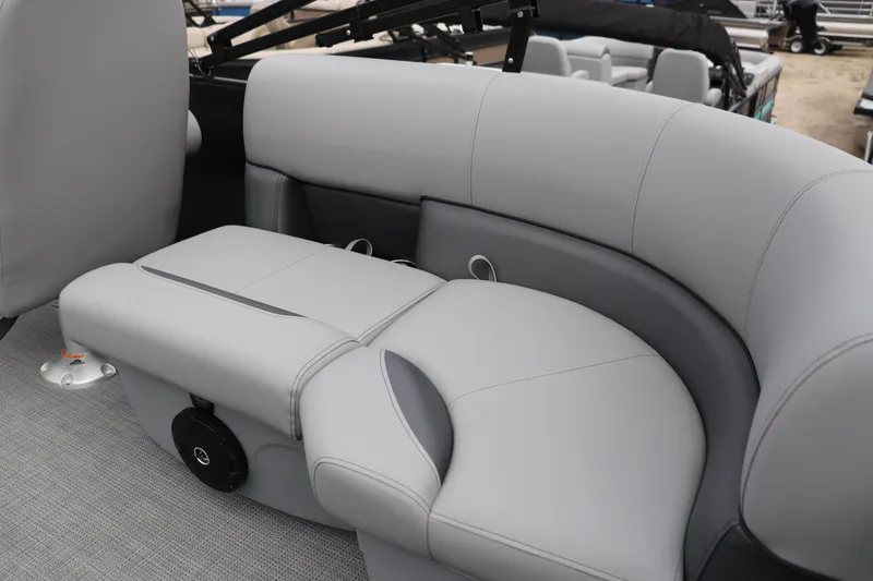 Slide: The Image of 2026 Bentley Pontoons 203 BOLT interior seating with modern gray upholstery. - 7