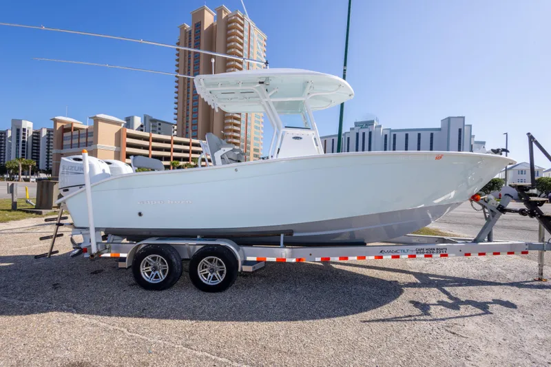 Slide: The Image of 2024 Cape Horn 24 XS boat on trailer, urban background, sunny day. - 4