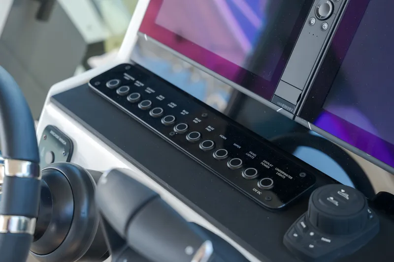 Slide: The Image of Close-up of a Saxdor 320 GTO helm with modern controls and screens. - 23