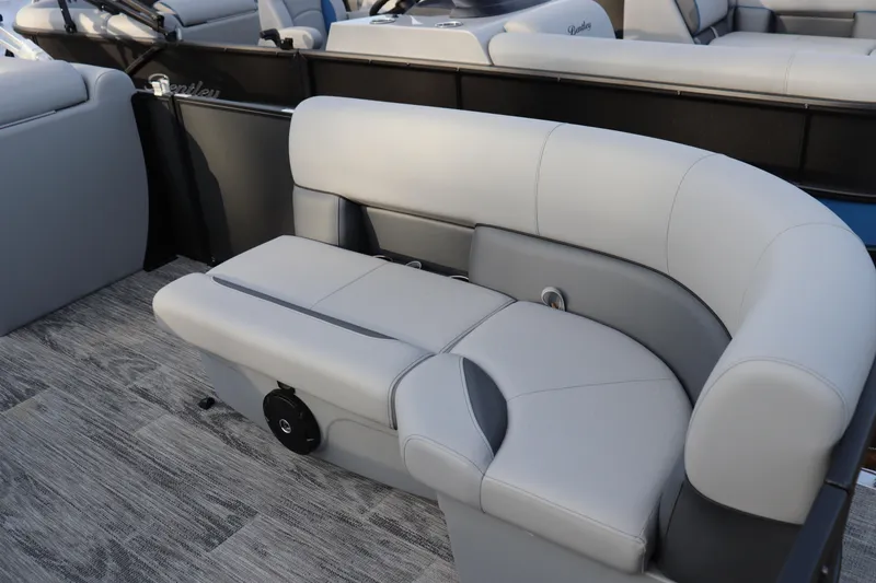 Slide: The Image of 2026 Bentley Pontoons LE 200 Cruise interior seating with modern design and gray upholstery. - 3