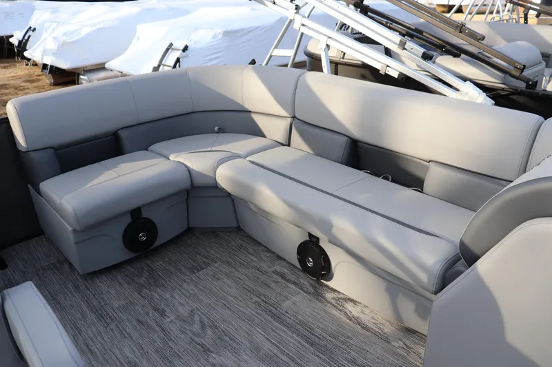 Slide: The Image of Luxurious seating on 2026 Bentley Pontoons LE 200 Cruise, featuring sleek gray upholstery. - 6