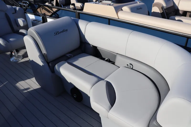 Slide: The Image of 2026 Bentley Pontoons Legacy 203 Navigator interior with luxurious gray seating. - 3