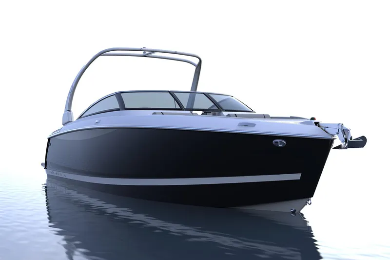 Slide: The Image of Manufacturer Provided Image: 2025 Four Winns H6 OB boat on calm water, sleek black design. - 4