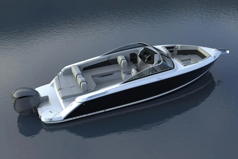 Slide: The Image of Manufacturer Provided Image: 2025 Four Winns H6 OB boat on calm water, showcasing sleek design and modern features. - 5