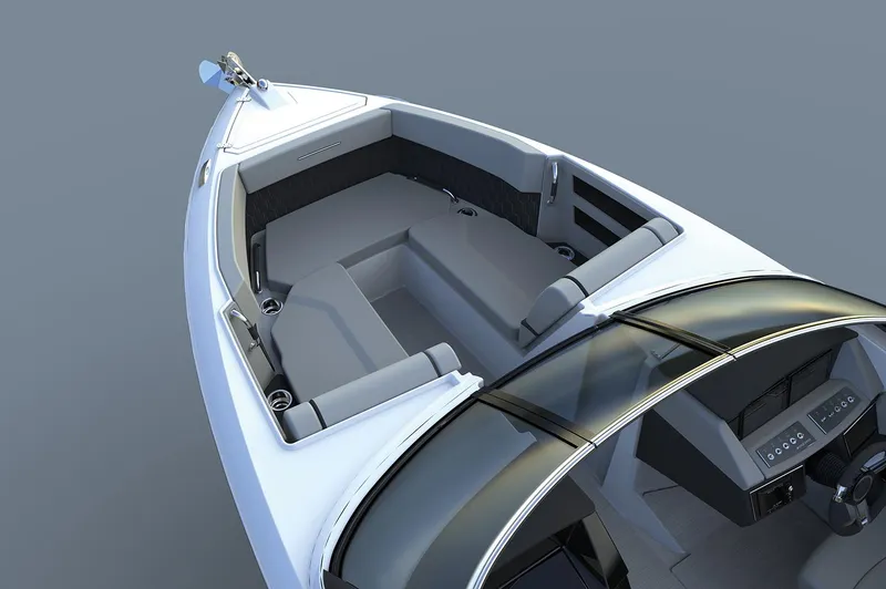 Slide: The Image of Manufacturer Provided Image: 2025 Four Winns H6 OB boat interior with sleek seating and modern dashboard design. - 8