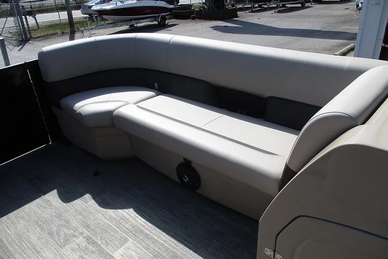 Slide: The Image of 2026 Bentley Pontoons Legacy 240 Cruise interior seating, showcasing luxurious beige upholstery. - 15