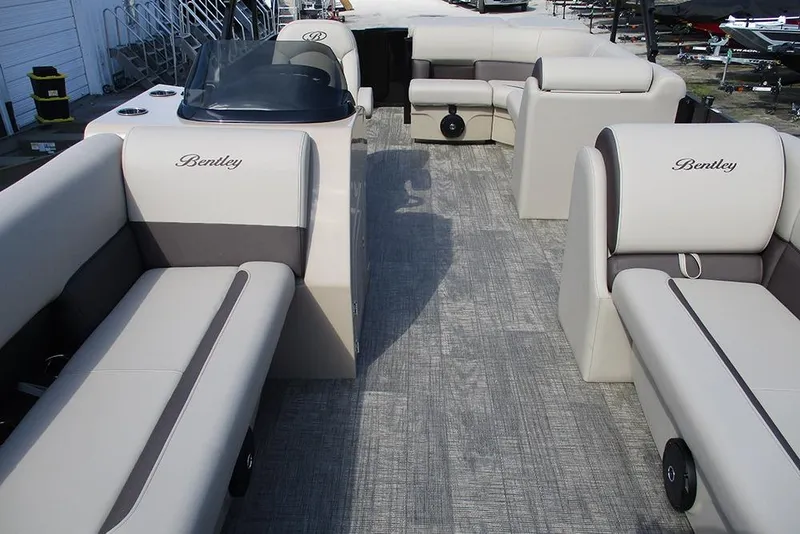 Slide: The Image of 2026 Bentley Pontoons Legacy 240 Cruise interior with luxurious seating and modern design. - 8