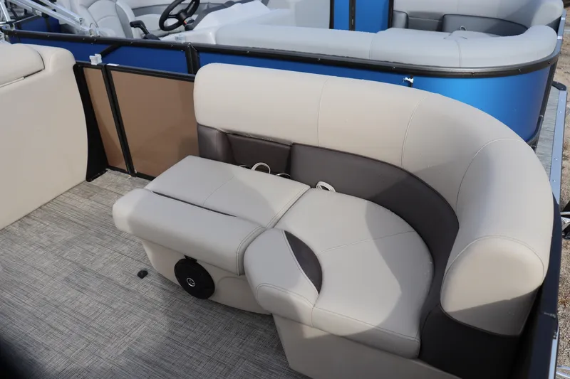 Slide: The Image of 2026 Bentley Pontoons LE 180 Cruise interior seating with beige and brown upholstery. - 3