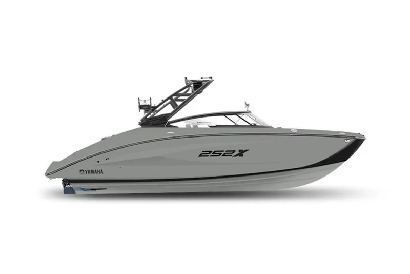 Slide: The Image of 2026 Yamaha Boats 252XE, sleek gray design, side view, modern watercraft. - 47