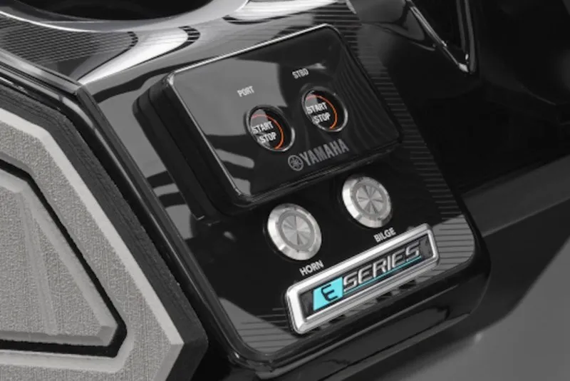 Slide: The Image of Control panel of 2026 Yamaha Boats 252XE, featuring start/stop buttons and E-Series branding. - 35