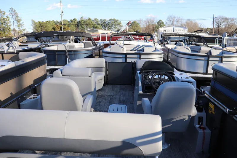 Slide: The Image of 2026 Bentley Pontoons Legacy 223 Swingback interior with modern seating and controls. - 10