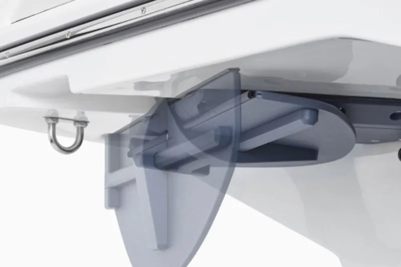 Slide: The Image of Close-up of 2026 Yamaha Boats 255XE hull with advanced rudder system. - 11