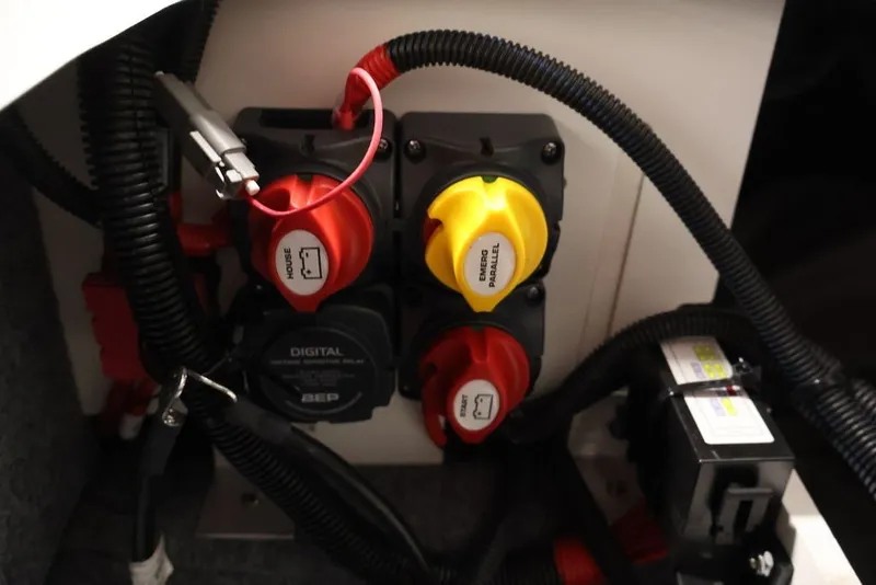 Slide: The Image of Electrical panel of 2026 Yamaha Boats 255XE with switches and wiring. - 39