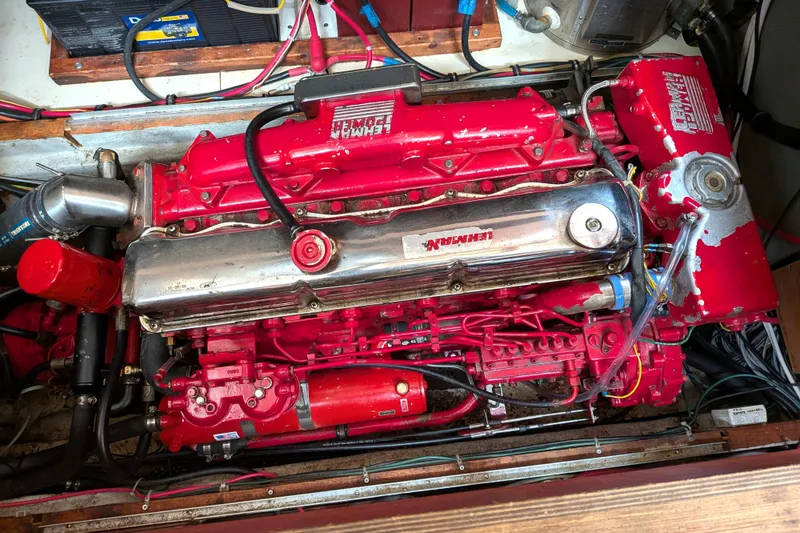 Slide: The Image of Red Lehman engine in a 1985 Siltala Nauticat 44 sailboat, detailed view. - 64
