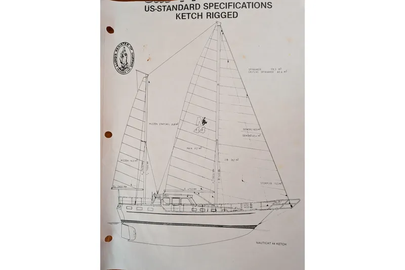 Slide: The Image of Blueprint of 1985 Siltala Nauticat 44 ketch-rigged sailboat, detailed specifications. - 77