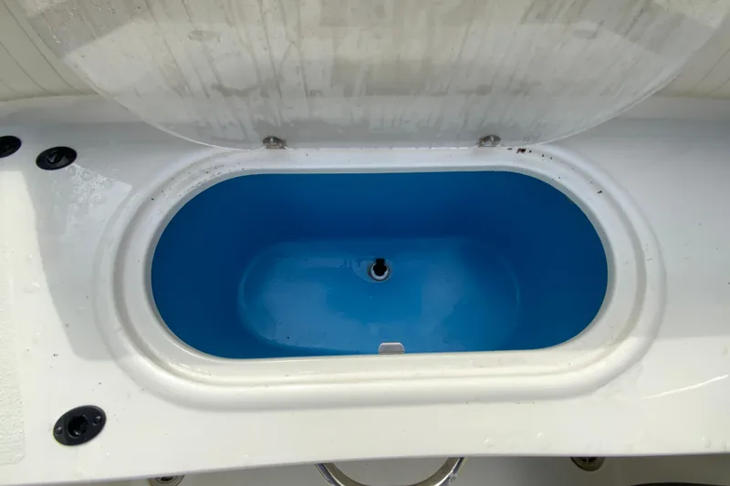Slide: The Image of Livewell compartment on 2023 Stingray 231 DC boat, featuring a blue interior. - 24