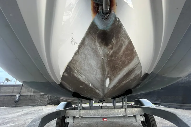 Slide: The Image of 2021 AB Inflatables Mares 10 VSX boat hull on trailer, underside view. - 36