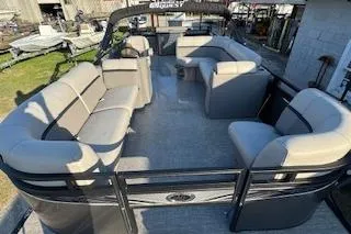 Slide: The Image of 2023 Angler Quest 8522 All Sport pontoon boat with spacious seating and modern design. - 8