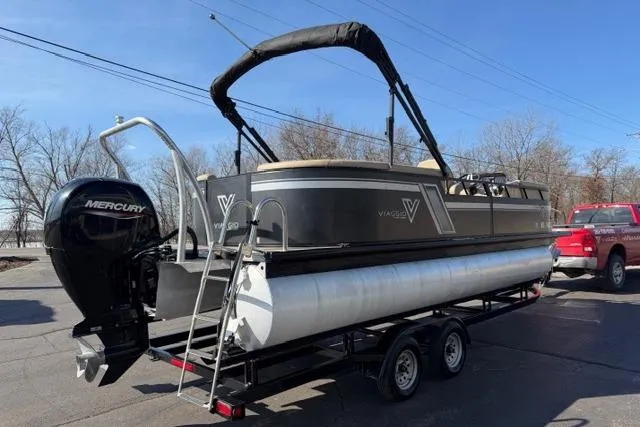 Slide: The Image of 2022 Viaggio Lago 22U pontoon boat on trailer with Mercury outboard motor. - 3