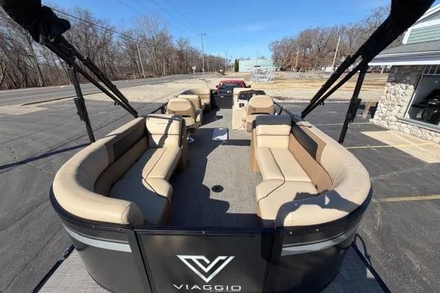 Slide: The Image of 2022 Viaggio Lago 22U pontoon boat with spacious seating and modern design. - 5