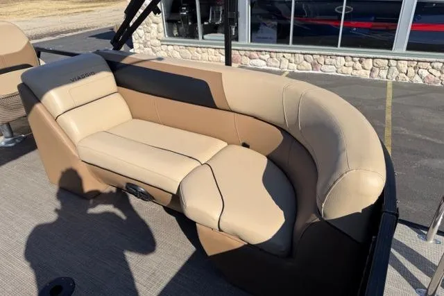 Slide: The Image of 2022 Viaggio Lago 22U boat with beige seating, outdoor showroom display. - 6