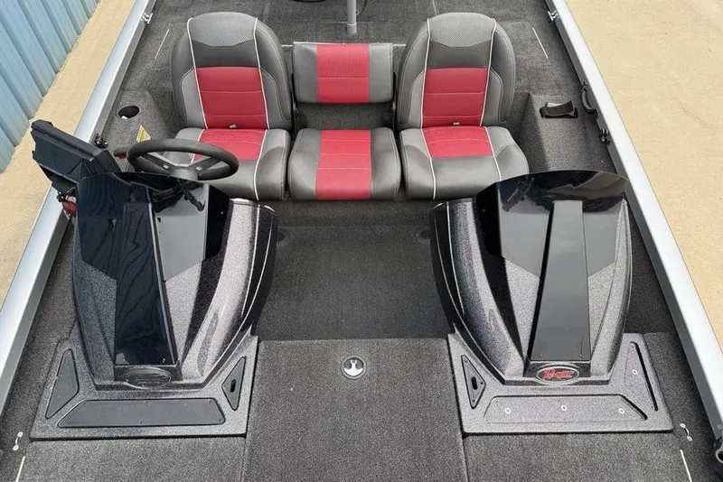 Slide: The Image of 2017 Ranger RT188 boat interior with dual consoles and red-gray seating. - 13