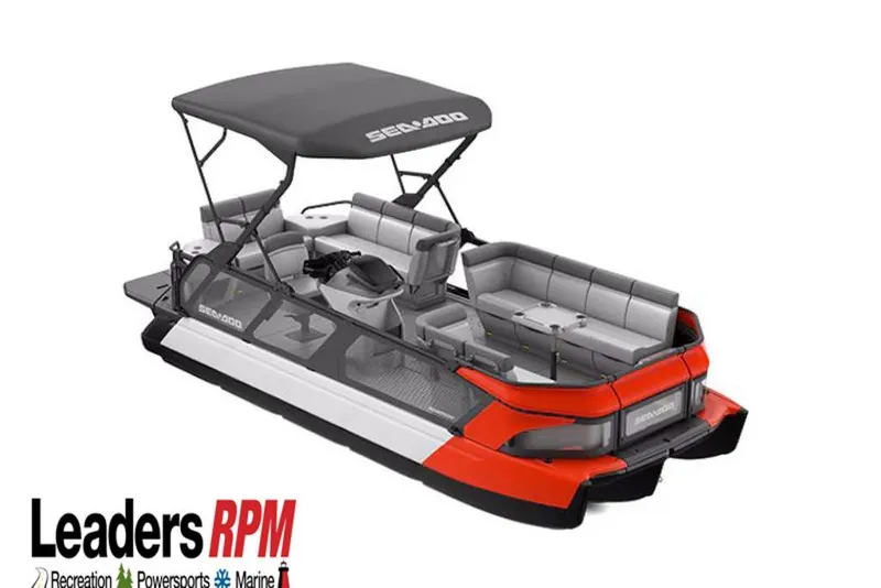 The Image of 2025 Sea-Doo Switch Cruise 21 pontoon boat with canopy and seating, displayed by Leaders RPM. - 1
