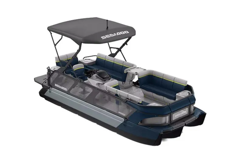 Slide: The Image of 2024 Sea-Doo Switch Sport 21 pontoon boat with canopy and spacious seating. - 2