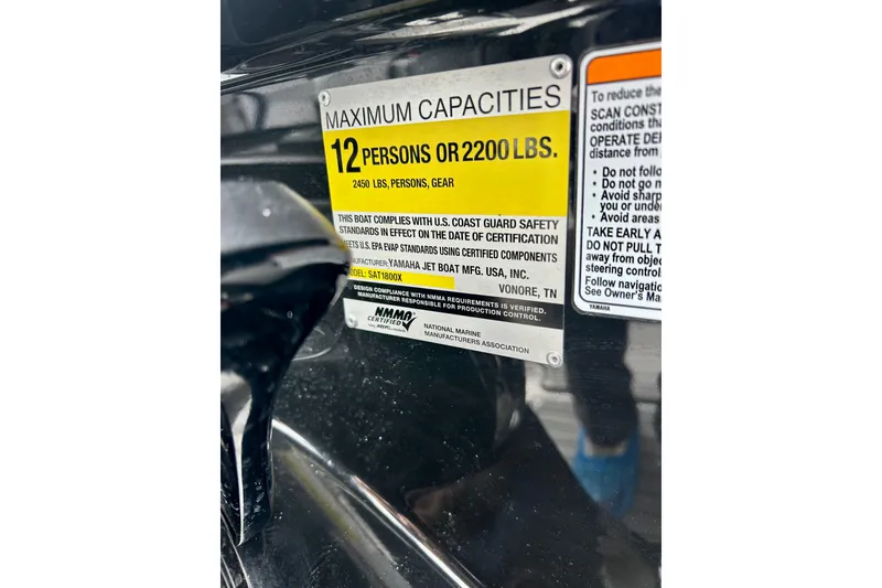 Slide: The Image of Yamaha Boats 2018 242X capacity label: 12 persons or 2200 lbs, safety compliance. - 47