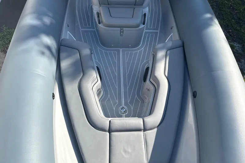 Slide: The Image of 2022 Ribeye HFM boat interior with sleek gray design and modern console. - 18