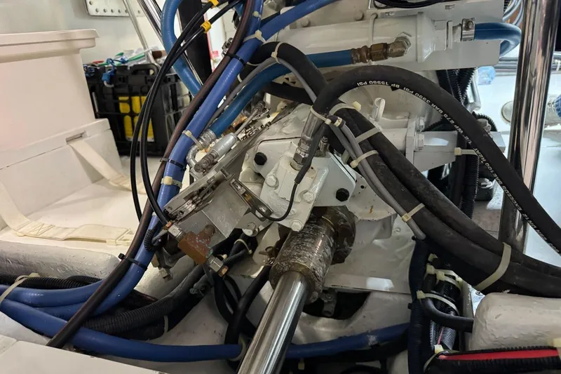 Slide: The Image of Engine room of 2008 Kadey-Krogen 44 Walk Around with hydraulic and mechanical components. - 54