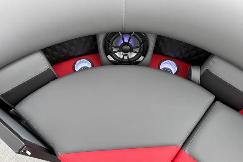 Slide: The Image of Luxurious seating with speakers in 2026 Berkshire 25SB2 STS boat interior. - 11