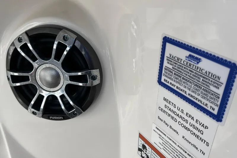 Slide: The Image of Speaker and certification label on 2021 Sea Ray SDX 270 Outboard boat. - 38