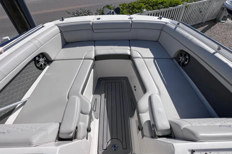 Slide: The Image of 2021 Sea Ray SDX 270 Outboard boat interior with spacious seating and modern design. - 45