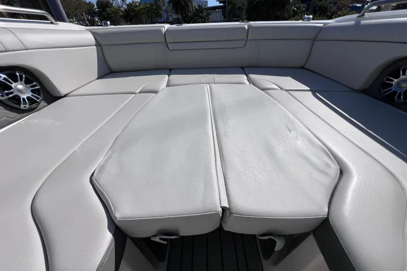 Slide: The Image of 2021 Sea Ray SDX 270 Outboard interior with spacious, luxurious seating and modern design. - 48