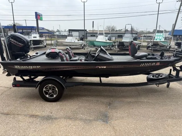 Slide: The Image of 2023 Ranger RT178 boat on trailer at a marina. - 5