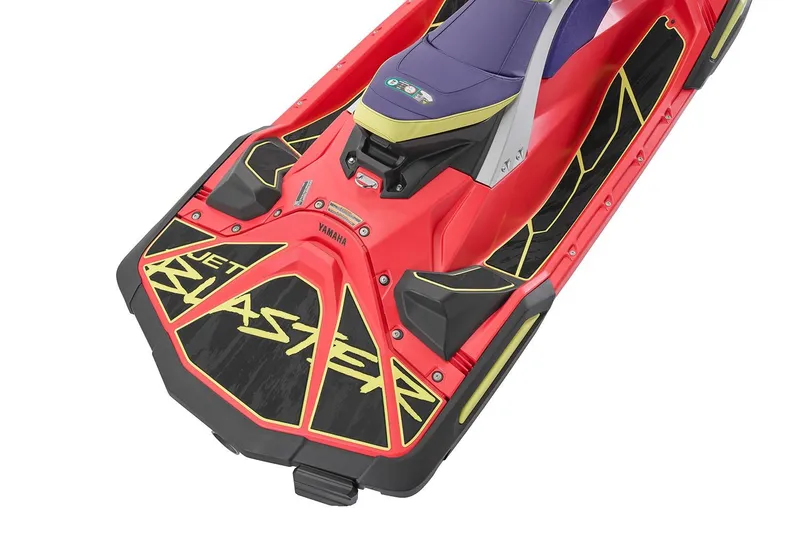 Slide: The Image of Manufacturer Provided Image: 2026 Yamaha WaveRunner JetBlaster PRO 3-Up, vibrant red and black design, top view. - 6