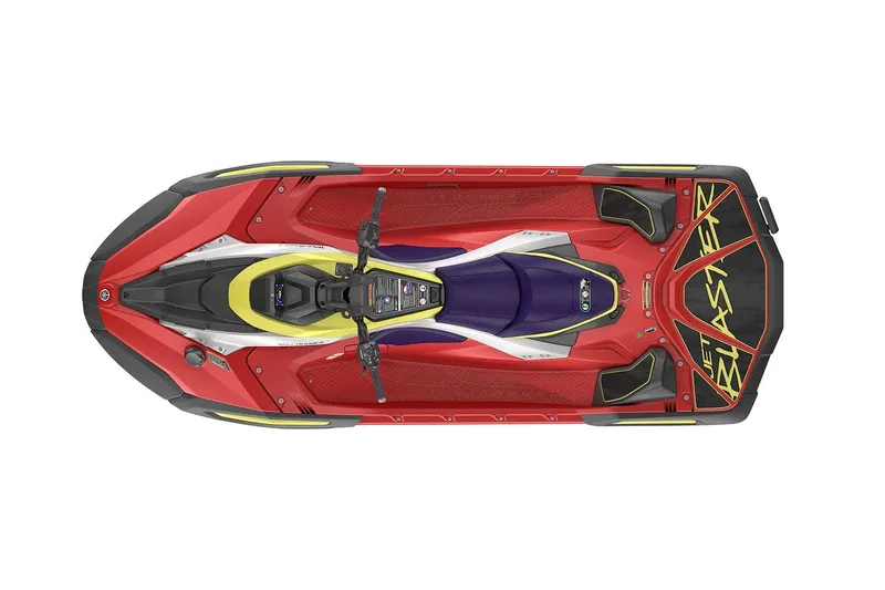 Slide: The Image of Manufacturer Provided Image: 2026 Yamaha WaveRunner JetBlaster PRO 3-Up, top view, vibrant red and yellow design. - 8