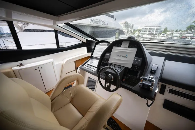 Slide: The Image of Luxurious 2007 Pershing 62' yacht cockpit with Garmin navigation system and leather seating. - 19