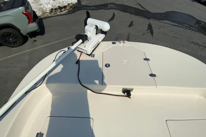 Slide: The Image of 2021 Carolina Skiff 21 LS boat deck with mounted trolling motor. - 15
