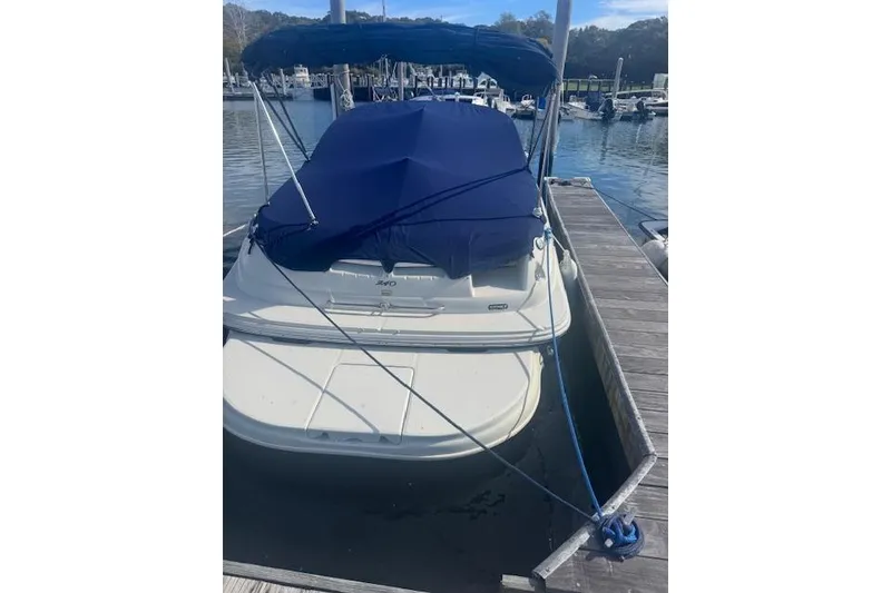 Slide: The Image of 2005 Sea Ray 240 Sundeck boat docked with blue cover and canopy. - 15