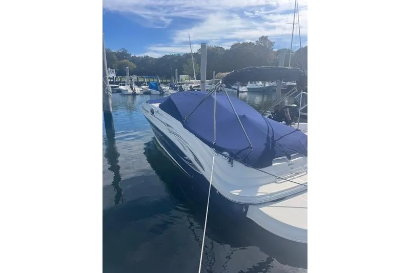 Slide: The Image of 2005 Sea Ray 240 Sundeck boat docked with blue cover in marina. - 3